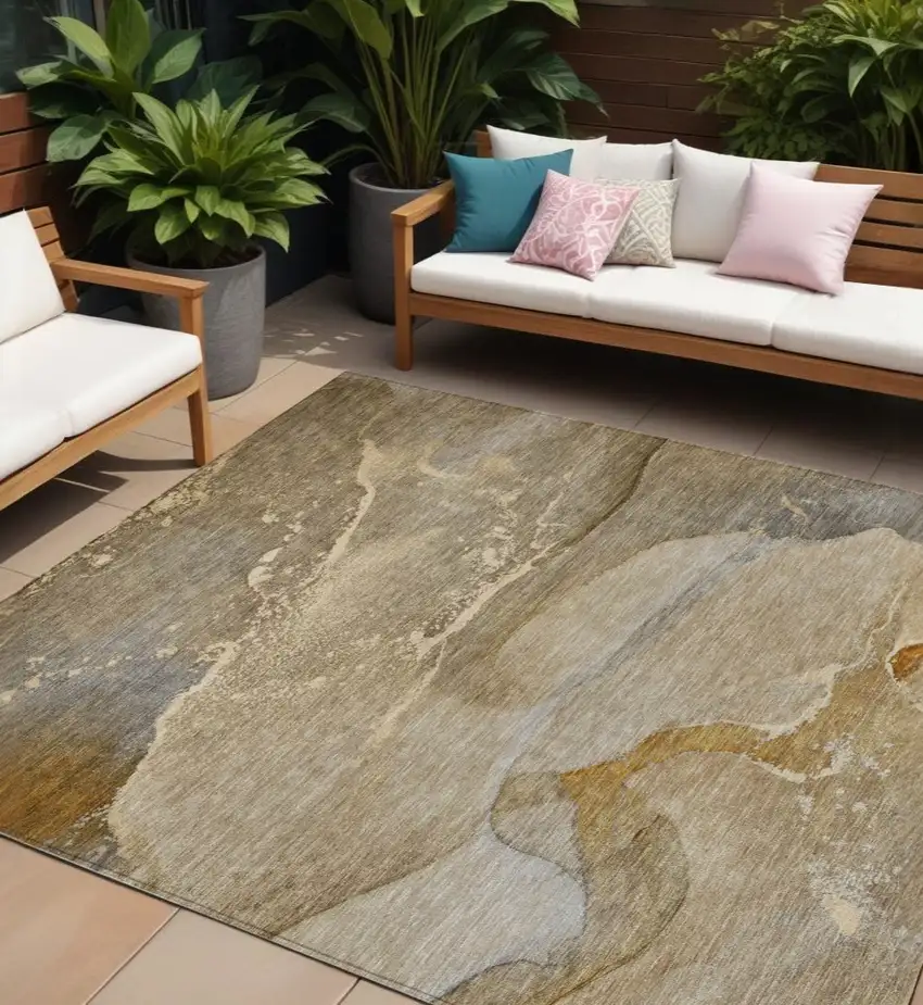 Brown Beige and Gold Abstract Washable Indoor Outdoor Area Rug Photo 1