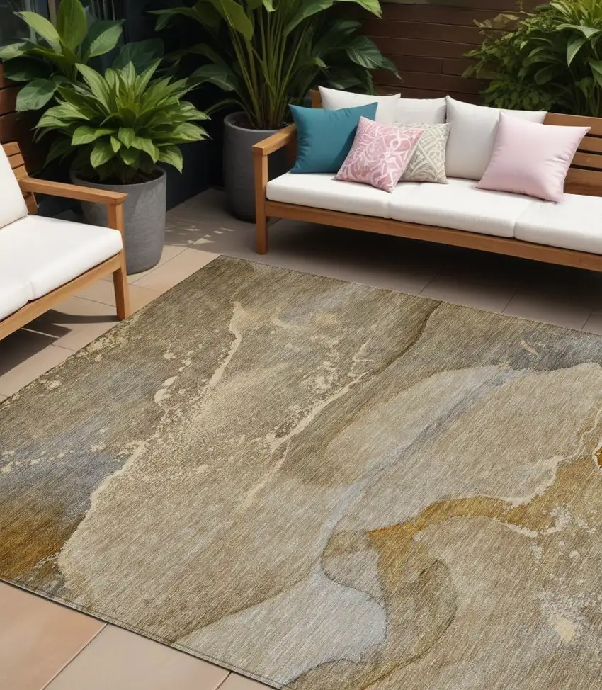 Brown Beige and Gold Abstract Washable Indoor Outdoor Area Rug Photo 1