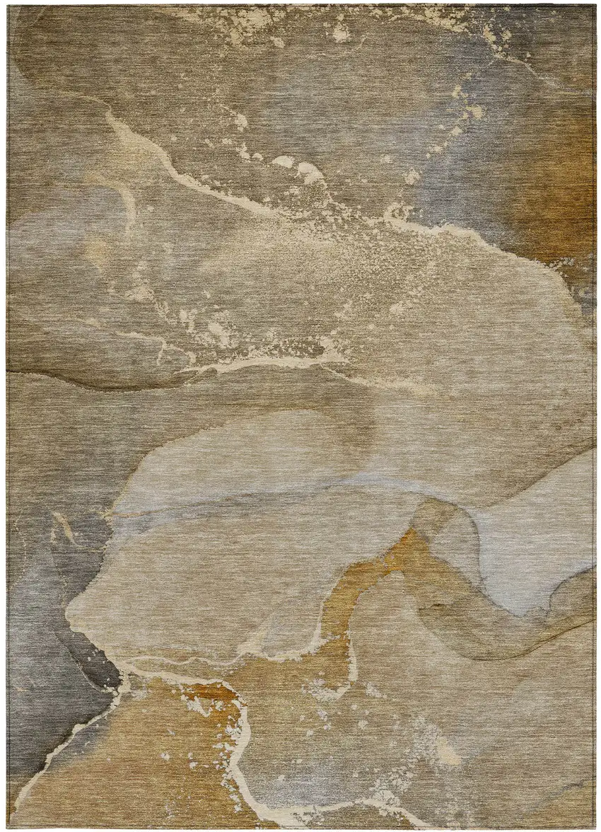 Brown Beige and Gold Abstract Washable Indoor Outdoor Area Rug Photo 3