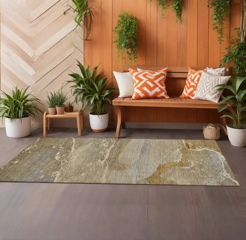 Brown Beige and Gold Abstract Washable Indoor Outdoor Runner Rug Photo 1