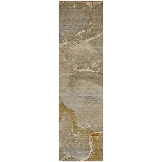 Brown Beige and Gold Abstract Washable Indoor Outdoor Runner Rug Photo 2
