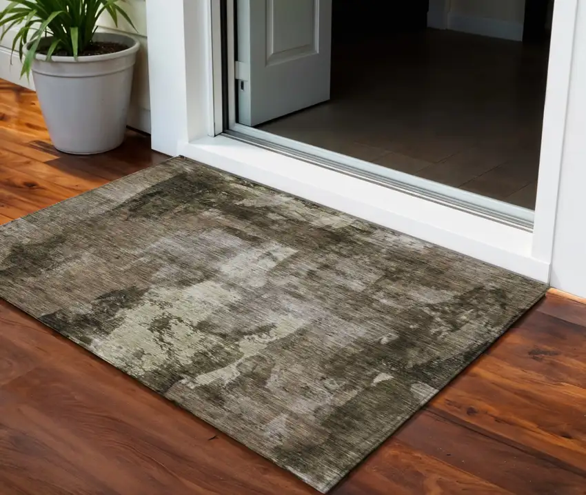 Brown Black And Beige Abstract Washable Indoor Outdoor Area Rug Photo 1