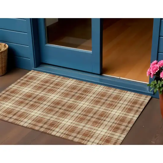 Brown Black And Beige Plaid Washable Indoor Outdoor Area Rug Photo 1