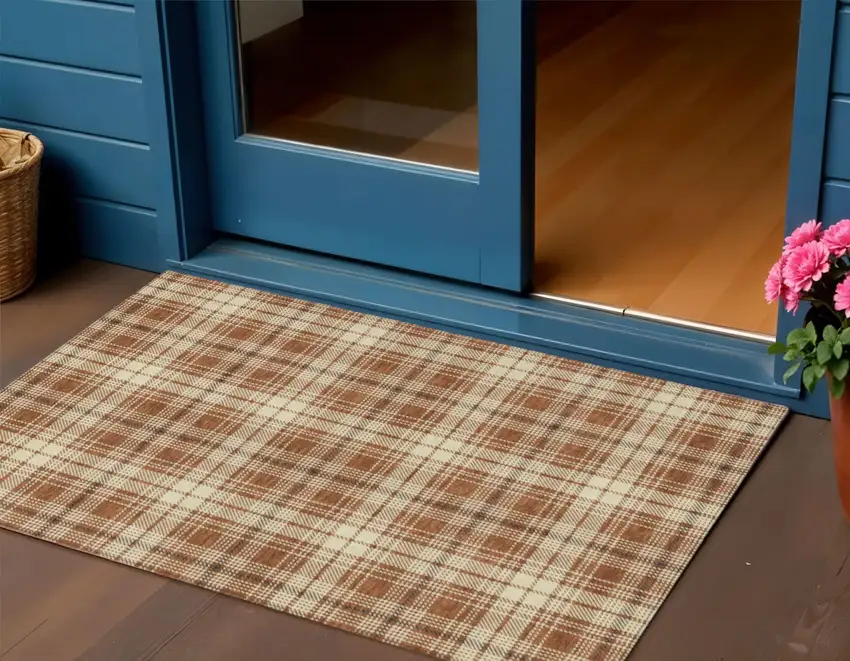 Brown Black And Beige Plaid Washable Indoor Outdoor Area Rug Photo 1