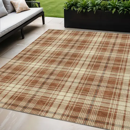 Brown Black And Beige Plaid Washable Indoor Outdoor Area Rug Photo 1