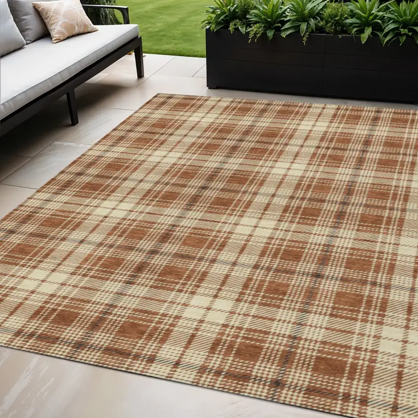 Brown Black And Beige Plaid Washable Indoor Outdoor Area Rug Photo 1
