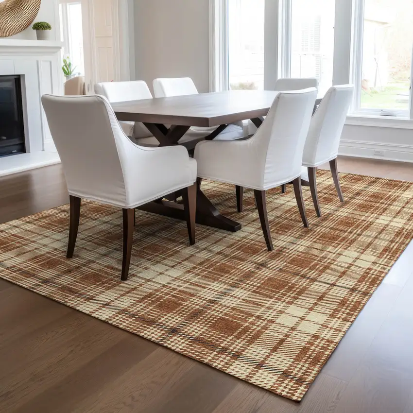 Brown Black And Beige Plaid Washable Indoor Outdoor Area Rug Photo 9