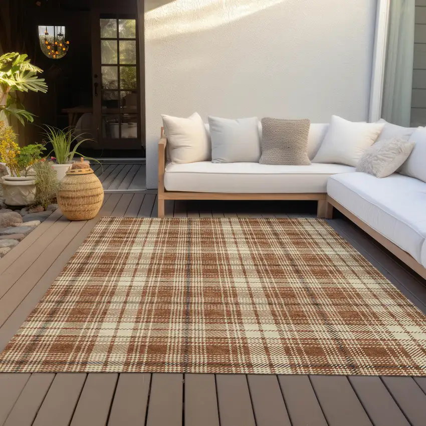 Brown Black And Beige Plaid Washable Indoor Outdoor Area Rug Photo 8