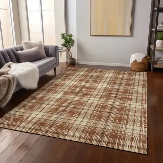 Brown Black And Beige Plaid Washable Indoor Outdoor Area Rug Photo 9