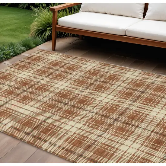 Brown Black And Beige Plaid Washable Indoor Outdoor Area Rug Photo 1
