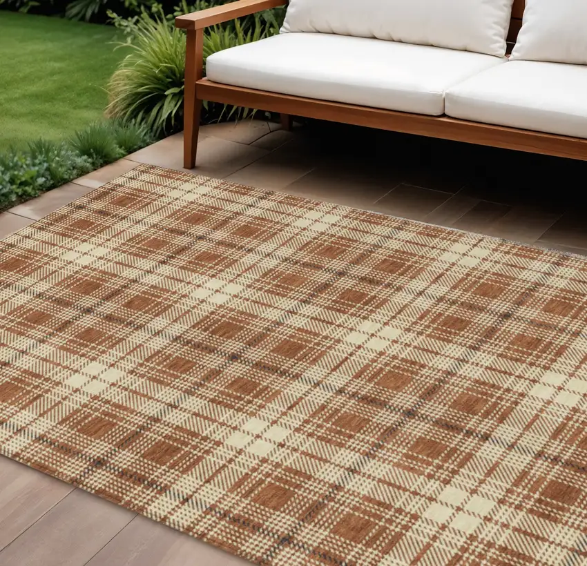 Brown Black And Beige Plaid Washable Indoor Outdoor Area Rug Photo 1