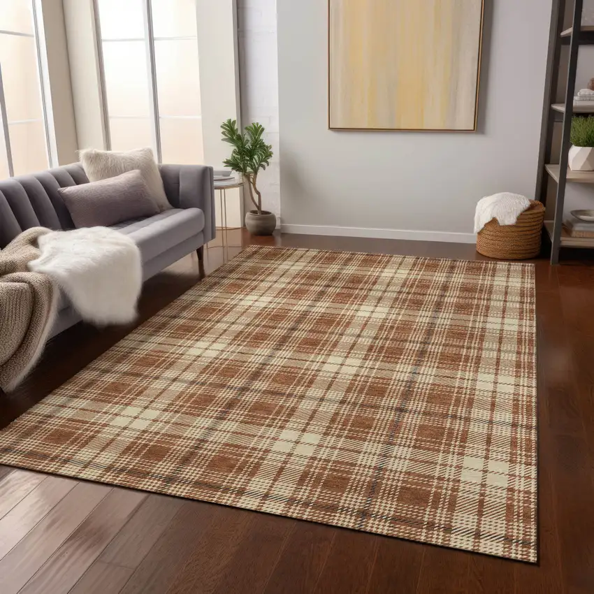 Brown Black And Beige Plaid Washable Indoor Outdoor Area Rug Photo 9