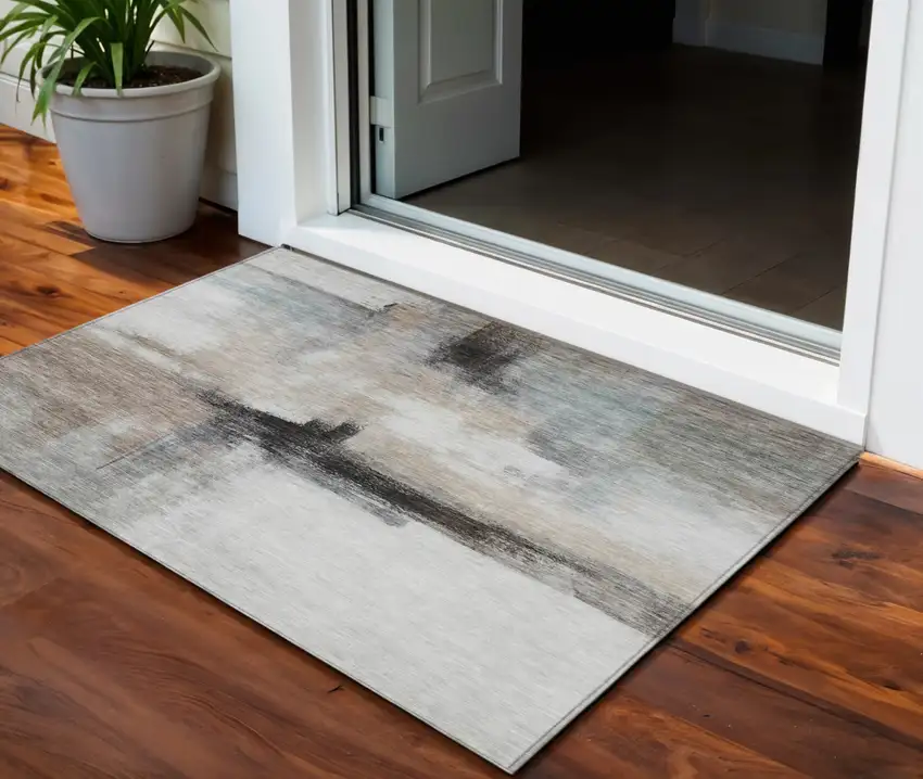 Brown Black And Gray Abstract Washable Indoor Outdoor Area Rug Photo 1
