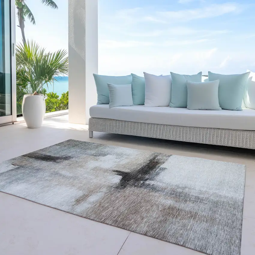 Brown Black And Gray Abstract Washable Indoor Outdoor Area Rug Photo 7