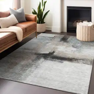 Photo of Brown Black And Gray Abstract Washable Indoor Outdoor Area Rug