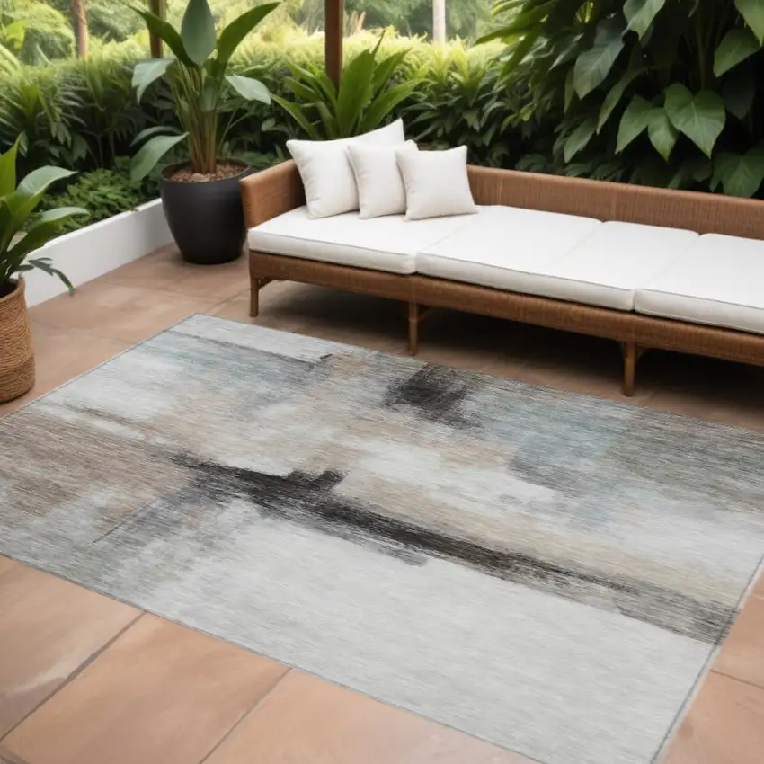 Brown Black And Gray Abstract Washable Indoor Outdoor Area Rug Photo 1