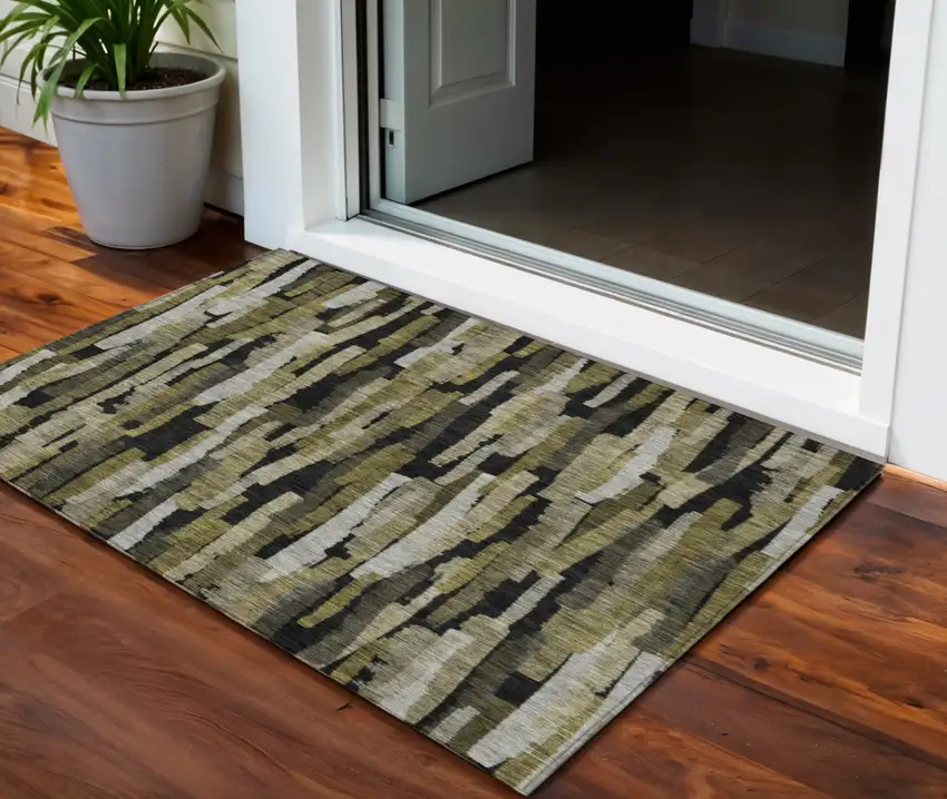 Brown Black And Green Striped Washable Indoor Outdoor Area Rug Photo 1