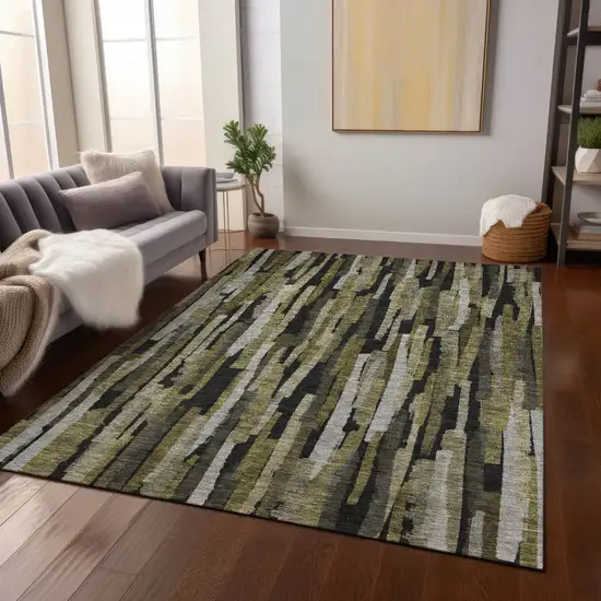 Brown Black And Green Striped Washable Indoor Outdoor Area Rug Photo 9