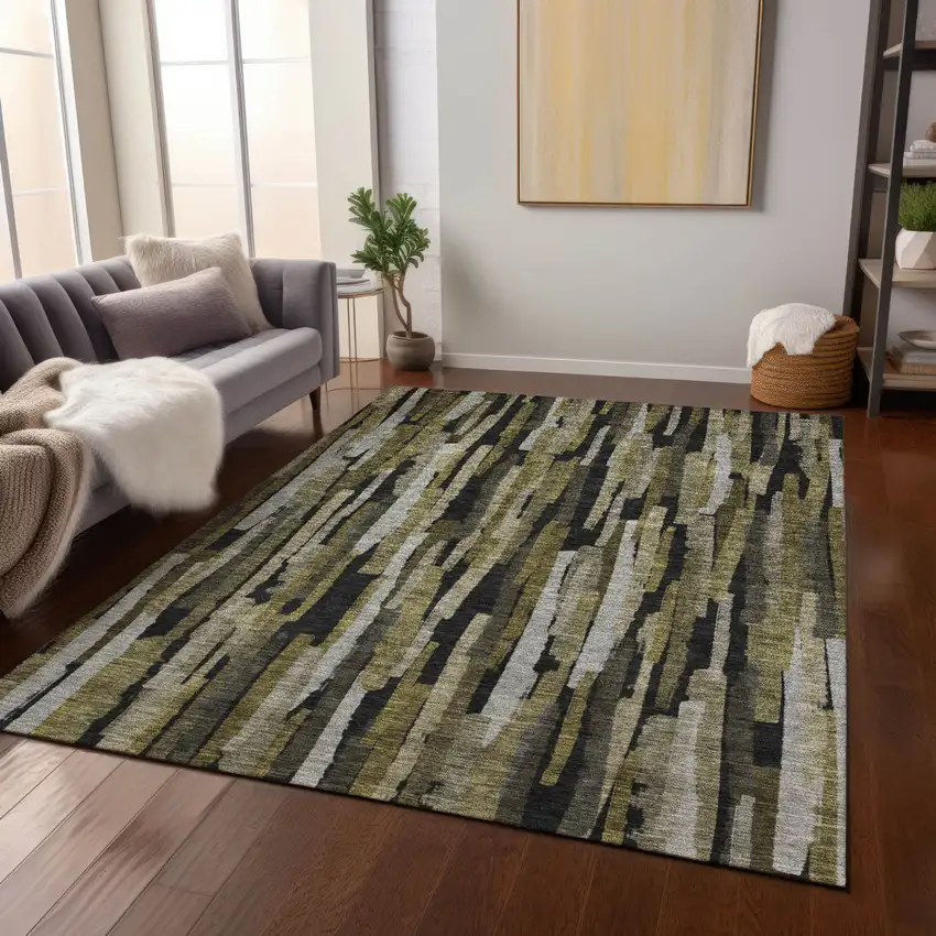 Brown Black And Green Striped Washable Indoor Outdoor Area Rug Photo 9