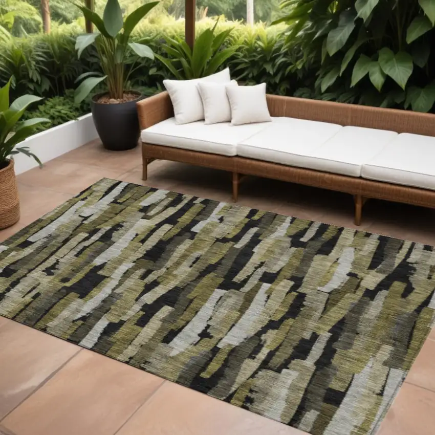 Brown Black And Green Striped Washable Indoor Outdoor Area Rug Photo 1