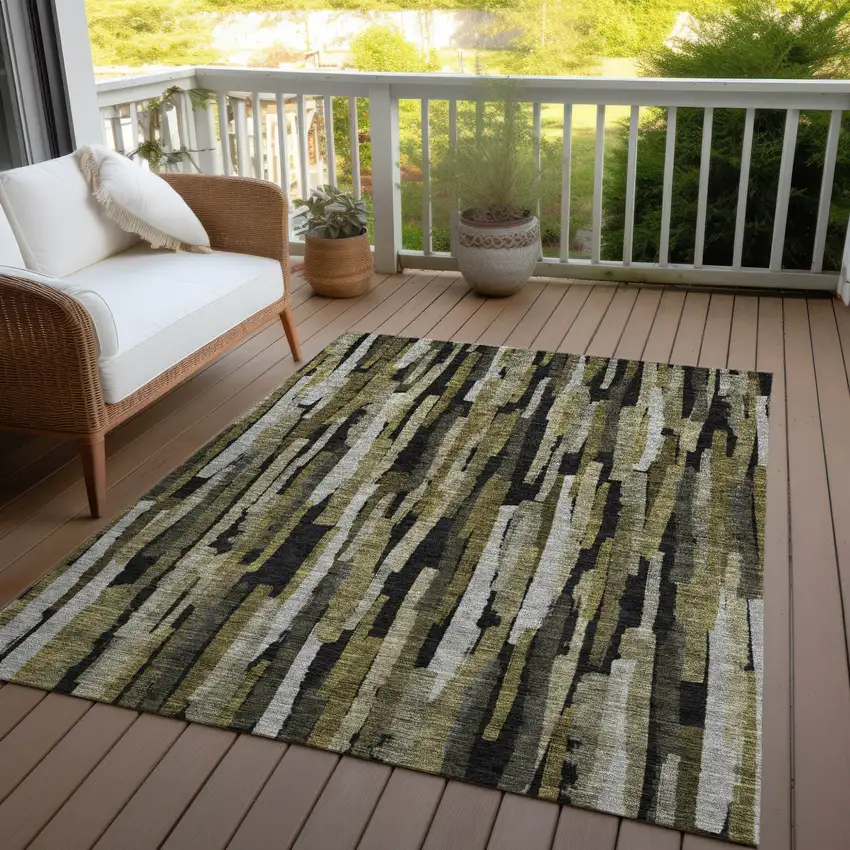 Brown Black And Green Striped Washable Indoor Outdoor Area Rug Photo 6
