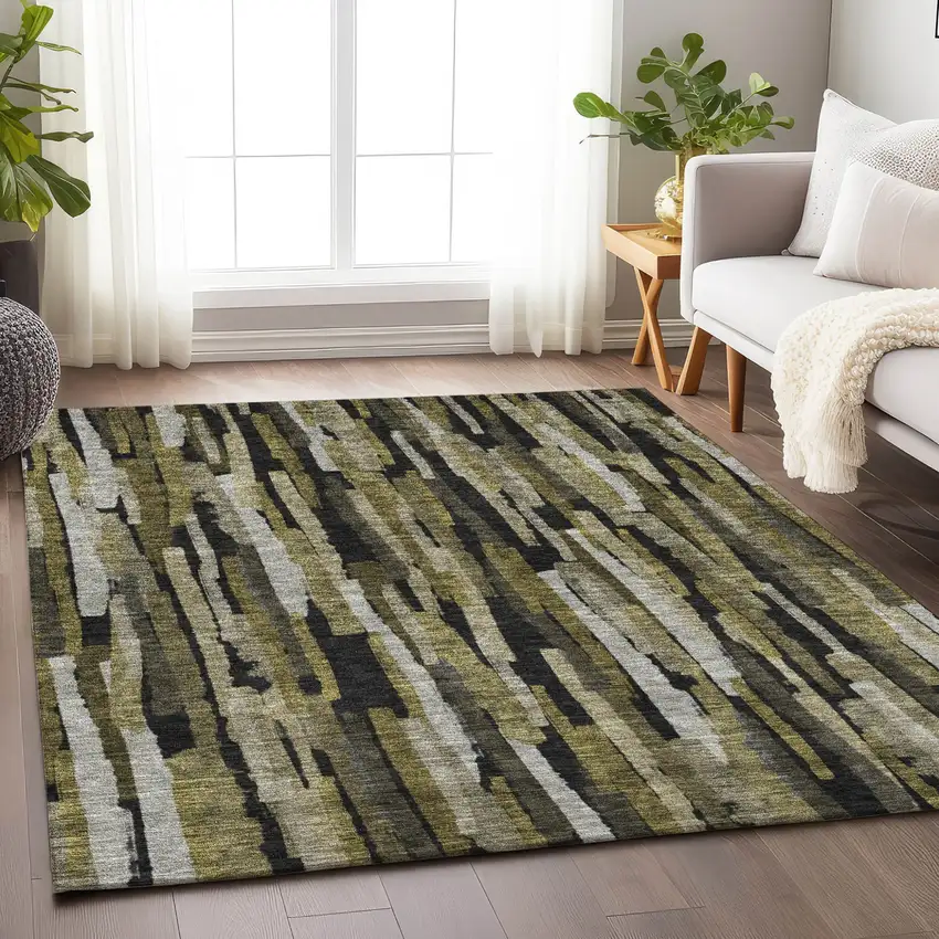Brown Black And Green Striped Washable Indoor Outdoor Area Rug Photo 8