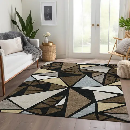 Brown Black And Ivory Geometric Washable Area Rug With UV Protection Photo 5