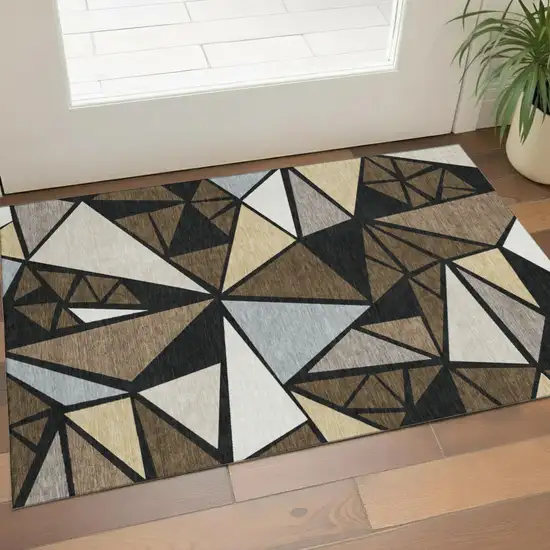 Brown Black And Ivory Geometric Washable Area Rug With UV Protection Photo 1