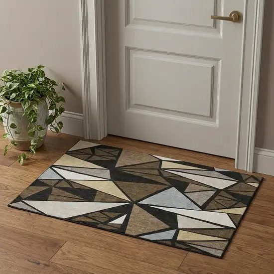 Brown Black And Ivory Geometric Washable Area Rug With UV Protection Photo 1