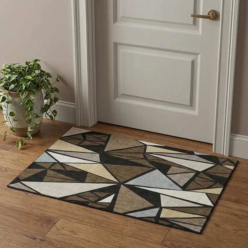 Brown Black And Ivory Geometric Washable Area Rug With UV Protection Photo 1