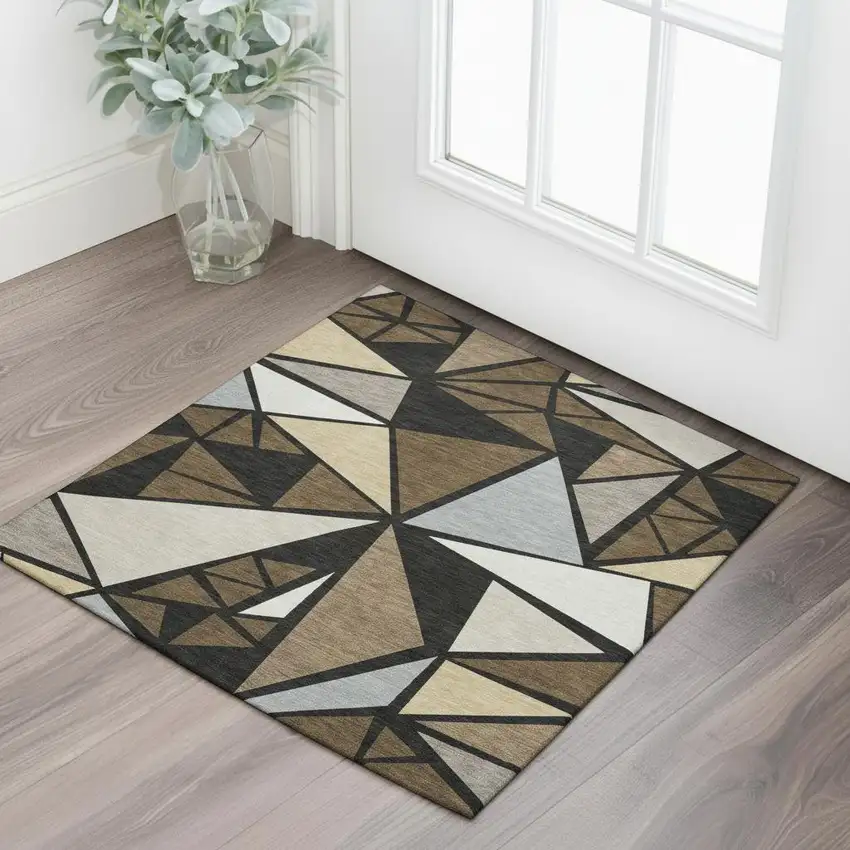 Brown Black And Ivory Geometric Washable Area Rug With UV Protection Photo 2