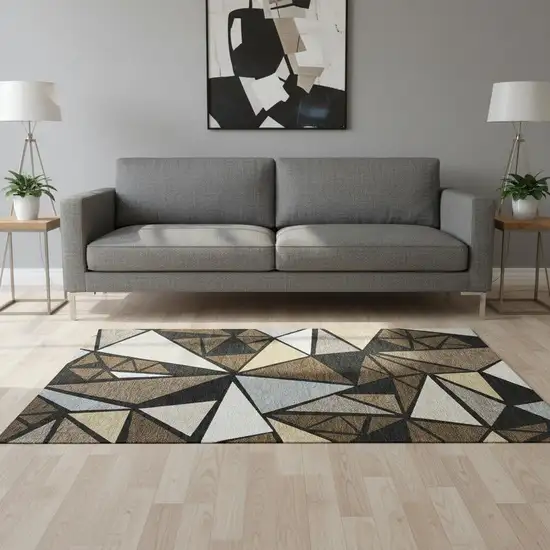 Brown Black And Ivory Geometric Washable Area Rug With UV Protection Photo 2