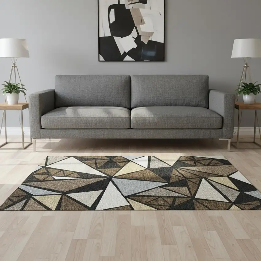 Brown Black And Ivory Geometric Washable Area Rug With UV Protection Photo 2