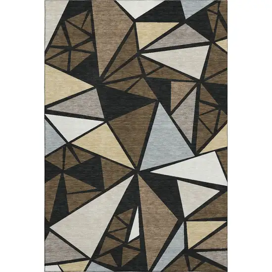 Brown Black And Ivory Geometric Washable Area Rug With UV Protection Photo 1