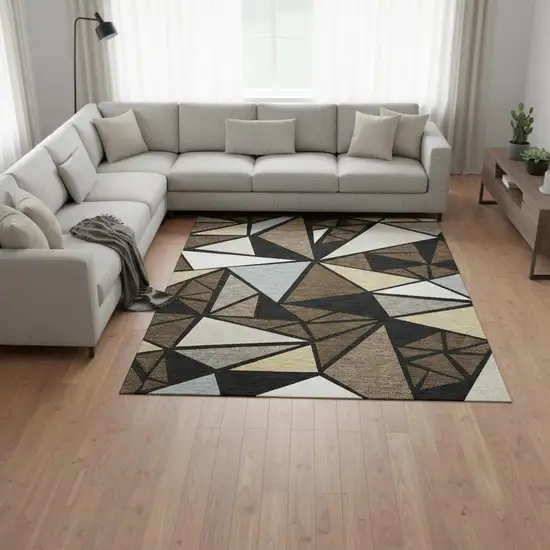 Brown Black And Ivory Geometric Washable Area Rug With UV Protection Photo 2