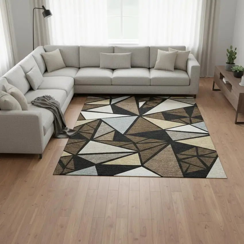 Brown Black And Ivory Geometric Washable Area Rug With UV Protection Photo 2