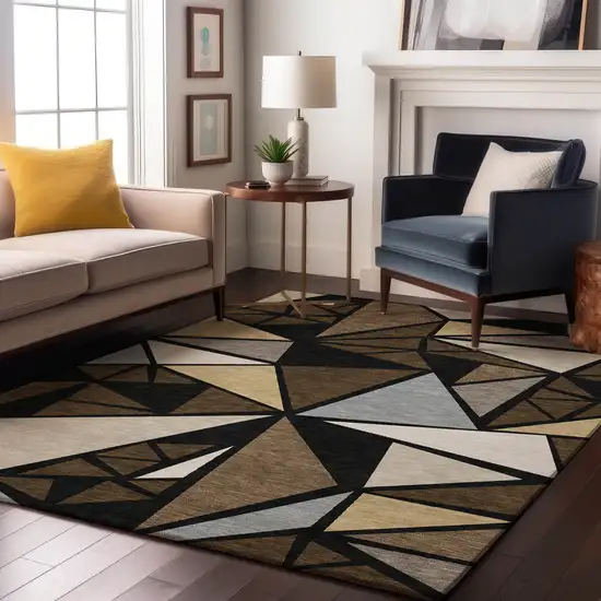 Brown Black And Ivory Geometric Washable Area Rug With UV Protection Photo 3
