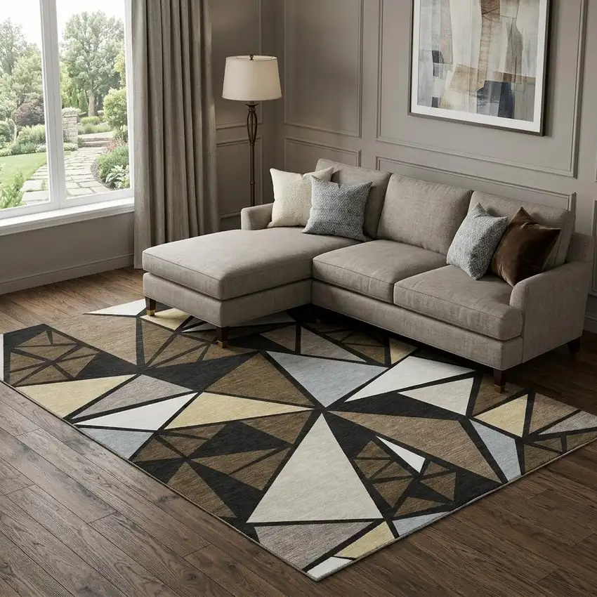 Brown Black And Ivory Geometric Washable Area Rug With UV Protection Photo 1