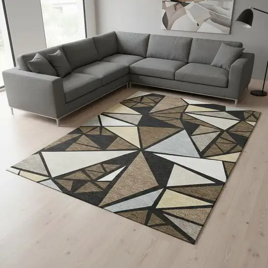 Brown Black And Ivory Geometric Washable Area Rug With UV Protection Photo 2