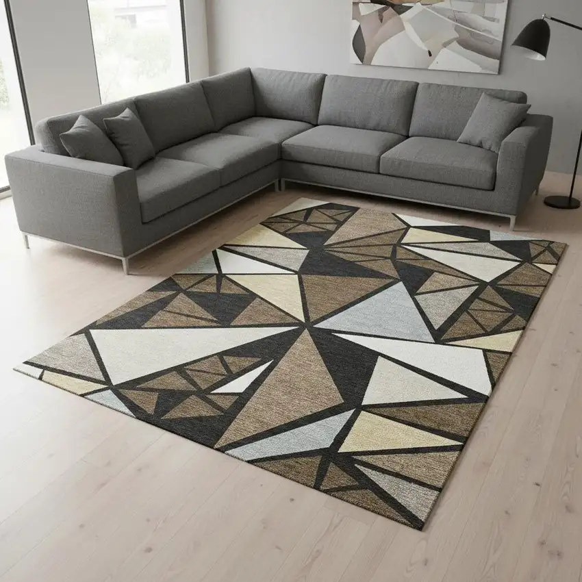 Brown Black And Ivory Geometric Washable Area Rug With UV Protection Photo 2