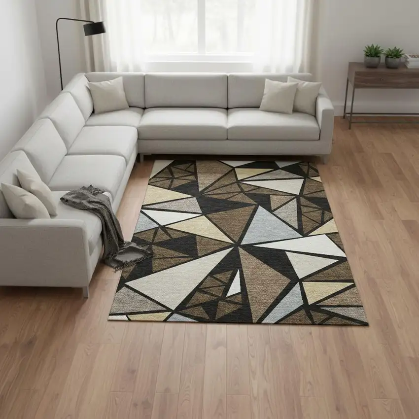 Brown Black And Ivory Geometric Washable Area Rug With UV Protection Photo 2