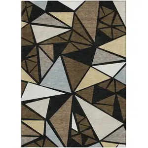 Photo of Brown Black And Ivory Geometric Washable Indoor Outdoor Area Rug