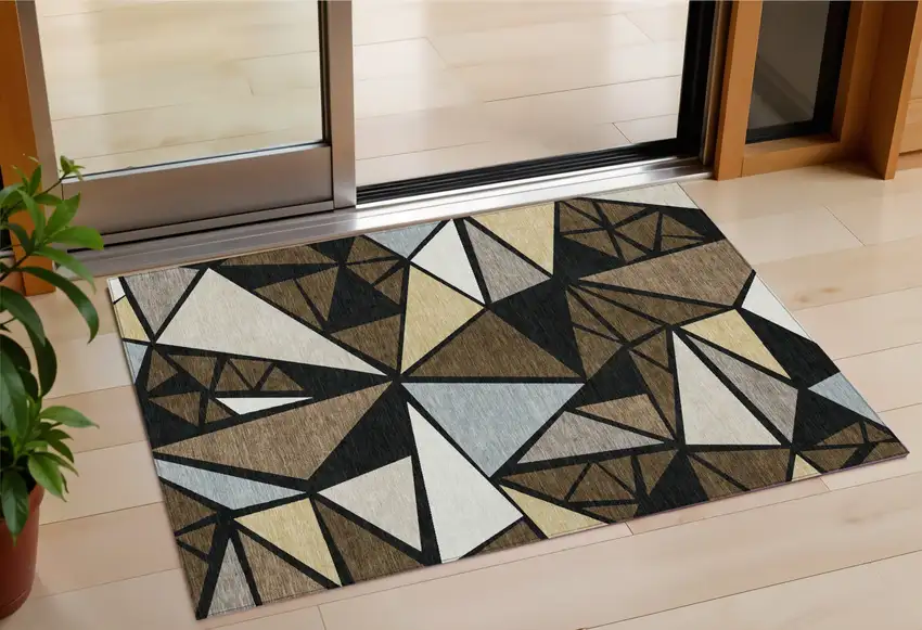 Brown Black And Ivory Geometric Washable Indoor Outdoor Area Rug Photo 1