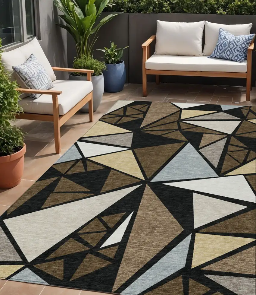 Brown Black And Ivory Geometric Washable Indoor Outdoor Area Rug Photo 1