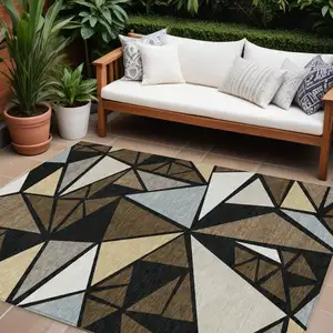 Photo of Brown Black And Ivory Geometric Washable Indoor Outdoor Area Rug