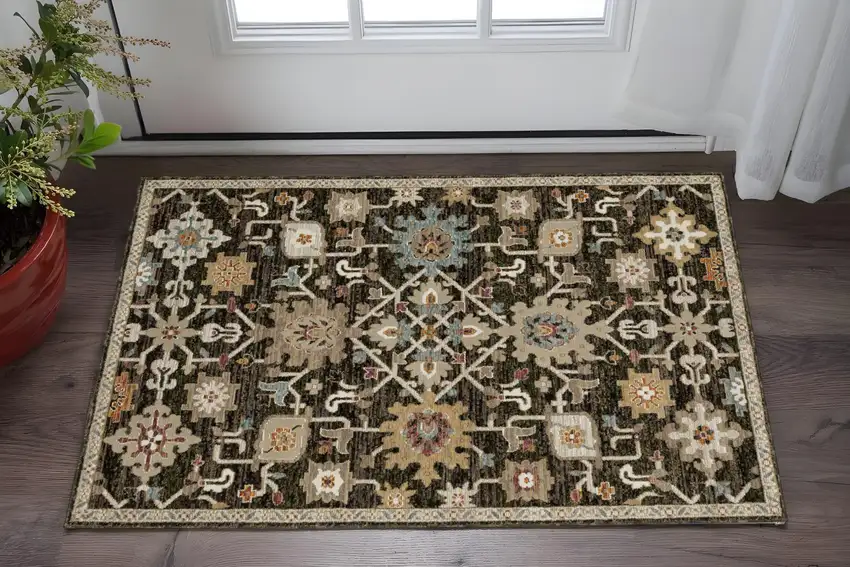 Brown Black And Ivory Oriental Area Rug Photo 1