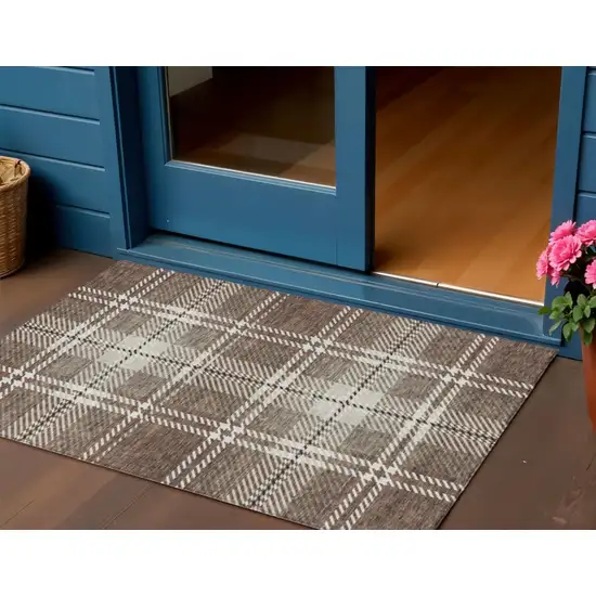 Brown Black And Ivory Plaid Washable Indoor Outdoor Area Rug Photo 1