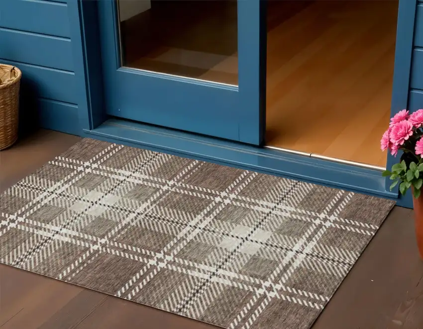 Brown Black And Ivory Plaid Washable Indoor Outdoor Area Rug Photo 1
