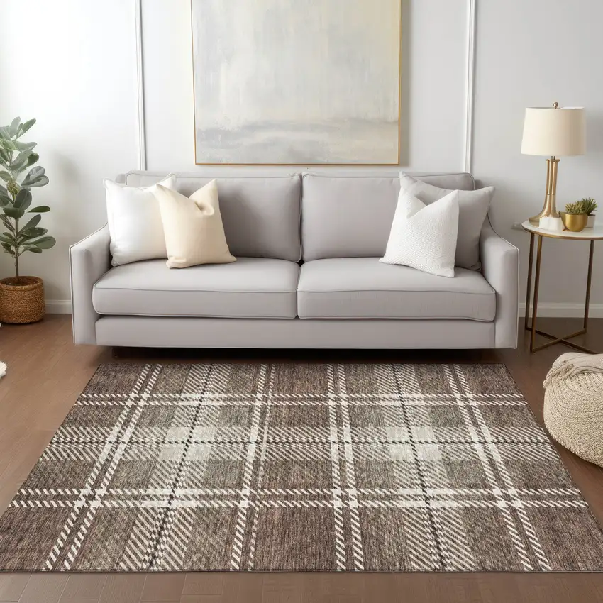 Brown Black And Ivory Plaid Washable Indoor Outdoor Area Rug Photo 9