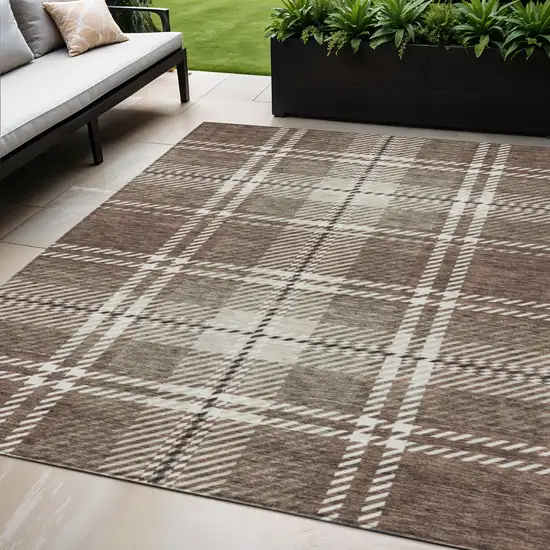 Brown Black And Ivory Plaid Washable Indoor Outdoor Area Rug Photo 2